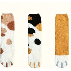 Herfst & Winter 3 Paar Dames Kattenpoot Dikke Thermische Sokken, Gezellige Ademende Warme Korrelstreep Ontwerp Vloersokken voor Koude Weer