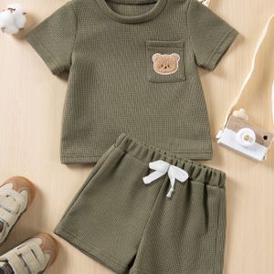 Jongens Waffle Beer Korte Mouw T-Shirt en Broek Set, Koreaanse Mode Outfit