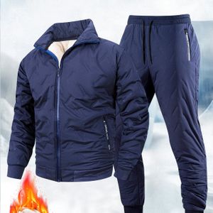 Herenset met Winter Fleece-gevoerde Dikke Opstaande Kraag Ritsjack en Broek, Eenvoudige Veelzijdige Kleur Warme Lange Mouwen Pak voor Casual , Buitenactiviteiten en Meer