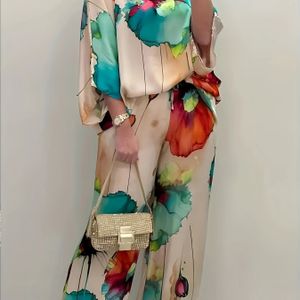 Plus Size, Elegante Dames Satijnen Tweedelige Set met Bloemenprint, Ronde Hals Top en Wijde Broek