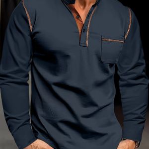 2025 Nieuwe Heren Casual V-hals Lange Mouw Shirt - Zacht Ademend Mengsel met Subtiele Borstzakdetailing, Regular Fit voor Lente/Herfst Outdoor & Casual