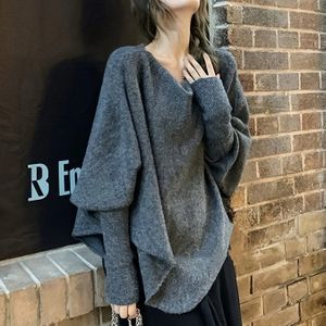 Luie Losse Diepgrijze Coltrui voor Vrouwen, Herfst Winter Lente Casual Oversized Onregelmatige Batwing Mouwtop