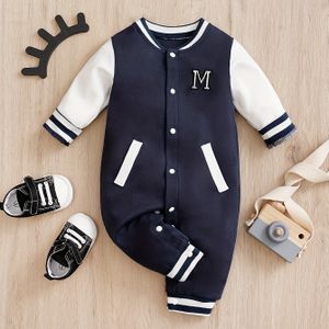 Full-Body Letter Baseball Romper voor Jongens - Marineblauw & Gestreepte Outfit met Lange Mouwen en "M" Letters, Losse Pasvorm Casual Lente/Herfst Kleding, voor Buiten