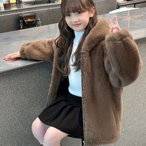 Kinderen Faux Fur Jas | Met Capuchon, Dikke Warme Herfst-Winter Bovenkleding voor Meisjes, Effen Kleur met Ritssluiting en Lange Mouwen.