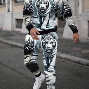 Heren Sport Set Met Digitale Print Van Een Tijger, Inclusief Lange Mouw Pullover Sweatshirt Met Bos Tijger Ontwerp En Casual Broek Met Trekkoord, Perfect Voor Koppels.