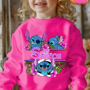 Disney Stitch Bloemen Groene Bladeren Lange Mouwen Fleece-gevoerde Sweatshirt voor Meisjes - Stijlvol en Veelzijdig Pullover Sweatshirt WY60480