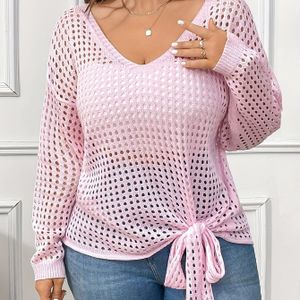 Vrouwen Zomer Trui met V-Hals, Lange Mouwen en Uitgeholde Details - Polyester, Stretch Stof, Kleur, Gebreide Stof, 100g/m²