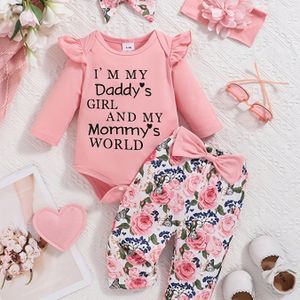 4 stuks Schattig Baby Meisje Set, Gebreid , Licht Rekbaar, Alfabet , Reguliere Pasvorm, met Ruffles Body en Bloemen Broek, voor Pasgeboren tot 12 Maanden, voor Buiten
