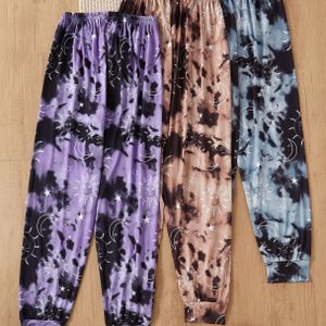 Set van slaapbroekjes in plusmaten voor dames - Comfortabel polyester , zon, en sterrenpatroon, casual thuisdracht, alle seizoenen pyjama's, casual dracht|Tie Dye |Stretchy Stof