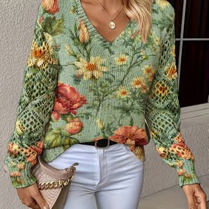 Stijlvolle Herfst- en Winter Top met V-Hals, Lange Mouwen en Bloemen Digitale Print - Perfect voor de Kantoor, & Thuis