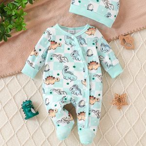 Voorjaars- en Herfst Kinder Romper met Schattige Cartoon Print + Hoed Set, Comfortabele Zachte Stof, Jongenskleding, Geschikt voor Buitenactiviteiten