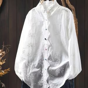 Vrouwen Losse Geborduurde Blouse met Bloemenborduursel & Kantafwerking - Overhemd met Opstaande Kraag en Lange Mouwen, Knoopsluiting, Machinewasbaar Top voor Casual & Kantoor