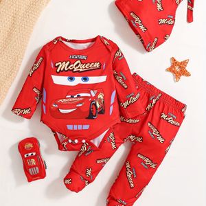 Disney Cars Cartoon Baby Bodysuit + Broek Set + Babyhoed Lente en Herfst Jongens Kruipoutfit Schattige Kruipkleding, Perfect voor Buiten