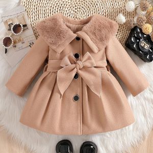Meisjes Herfst/Winter Lichtbruine Pluche Kraagjas met Taille-Strikontwerp, Warm en Schattig Prinsessenstijl Buitenjas voor Dagelijkse Uitjes, Schoolseizoen, Kerstcadeau, Valentijnsdag Verrassing
