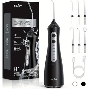 Professionele Oplaadbare Tandenreiniger met 350ml , 6 Vervangende Mondstukken, 5 , USB-Opladen, Mondirrigator voor Familie Mondverzorging, Reisaccessoires Moeten Het Hebben