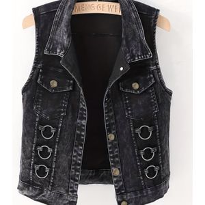 Denim Vest voor Dames | Lente en Herfst Nieuwe Modieuze Slim Fit Veelzijdige 2025 Trendy High-end Cardigan Bovenkleding met Ringdetails, Mouwloos, Non-Stretch Stof, Reverskraag