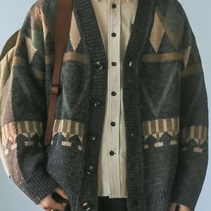 Preppy geometrisch gebreide vest, 80% acryl 20% nylon, V-hals lange mouw losse pasvorm, lichte stretch, lente/herfst seizoen outerwear