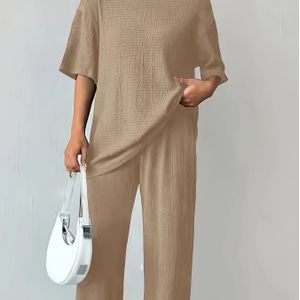 Boek Kern Duizend Casual Doel BK041009 Nieuwe Zomer Damesmode 2 Stuks Kleur Ronde Hals Elegant Casual Tekstuurde T-shirt En Broekset