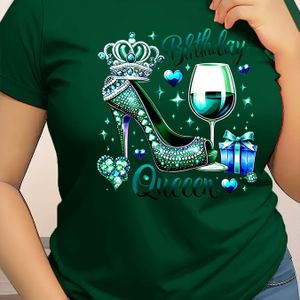 Dames T-shirt met "Verjaardagskoningin" Grafiek - Korte Mouwen, Ronde Hals, Casual Top met Sprankelende Kroon & Wijnglas Ontwerp, Perfect voor Lente & Zomer Vieringen, Verjaardagsshirts