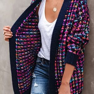 maat meerkleurig vest met open voorkant, casual losgebreid vest met contrasterende rand en lange mouwen, maten dameskleding