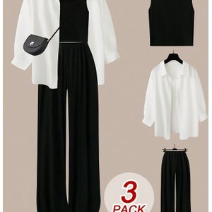 Plus Size - Dames Plus Size 3-delige Set: Wit Overhemd, Mouwloze Top & Brede Broek - /, Geschikt Voor Alle Seizoenen, Dames Outfit