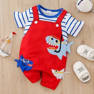 Babyjongens en -meisjes Casual Fake Overrall Grafische Korte Mouw Romper Jumpsuit Kleding, Geschikt Voor Binnen- En Buitenkleding