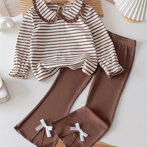 2-delige set gestreepte gekreukte lange mouwen T-shirt top en wijde broek met strikdecoratie en splitzoom voor meisjes, ideaal voor lente/herfst casual en schooluitjes