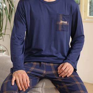1 set Heren Casual Pajama Set - Lange Mouw Crew Neck Gestreepte Polyester Nachtkleding met Zak, Gebreid , Medium Stretch, Reguliere Pasvorm voor Lente/Herfst
