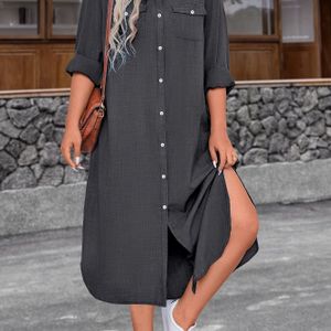 Elegante blauwe shirtjurk voor dames in plusmaten - losse pasvorm, comfortabel, niet rekbaar geweven stof, herfstmode, casual stijl met witte sneakers, casual kleding|Casual stijl|Geweven stof