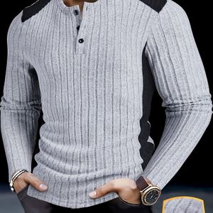 Herren Slim-Fit Geribbelde Henley Shirt - Color-Block Contrast Lange Mouwen Pullover, Rondhals Casual Top voor Herfst/Winter Outdoor & Dagelijks , Medium Elastische Stof