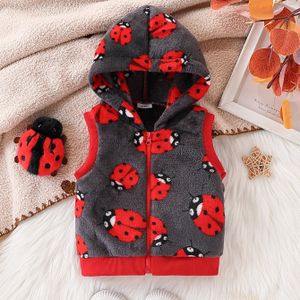 Pluche Lieveheersbeestje Print Capuchon Vest- Mouwloze Winterwarmte met Zachte Rode & Gele Libellen, Gezellige Herfst- en Winteroutfit - Wasmachinebestendig Kleding