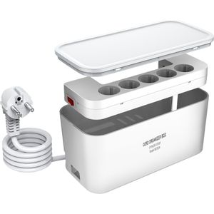 Power Board With Cable Management Box, Usb Power Board With 5 Sockets And 3 Usb , - Power Board (2500w) With Switch, 2m Cable, Multi-functional Socket Office , White