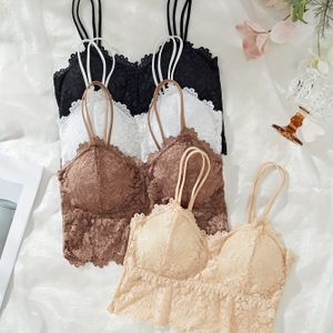 Herfst en Winter Bloemen Contrast Kant Sexy Dubbele Schouderband Verwijderbare Gevoerde BH Zwart-Wit Khaki Nude Dameslingerie Set van 4 Stuks
