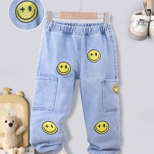 Casual Wijde Pijpen Denim met Cartoon Gezicht Applicatie - , Regular Fit Denim Broek voor Casual Kleding, Speels Design, Comfortabele Draagcomfort, Duurzaam Stof