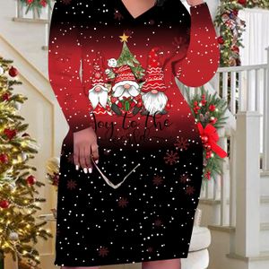 Vrouwen Plus Size Kerst Gnome Hoed Print V-hals Lange Mouw Gebreide Jurk, Casual Polyester Rekbaar Fit, Fashion, Vakantie Stijl