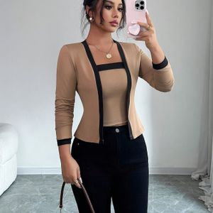 Elegante dames Color Block Top met lange mouwen en vierkante hals | Modieuze kleding voor op het werk met prachtige stiksels en veelzijdig ontwerp voor alle seizoenen