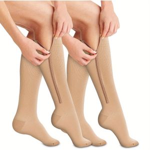 Twee Pairs van Knie-Hoge Compressiesokken voor Vrouwen, Met een Ontwerp zonder Vingers.