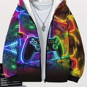 Jongens Herfst- en Winter Top met Rood Licht Game Controller Coole Mode Capuchon Vest met Rits Casual Lange Mouwen Hoodie Sportkleding