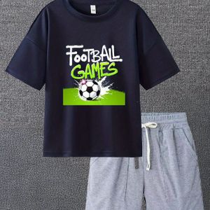 Boys' Summer Casual Football Game T-shirt & Shorts Set - Breathable, Fabric, Regular Fit With Pockets, & Outdoor Activities, Great Gift For , Boys T-shirt And Shorts Set, For Outdoor