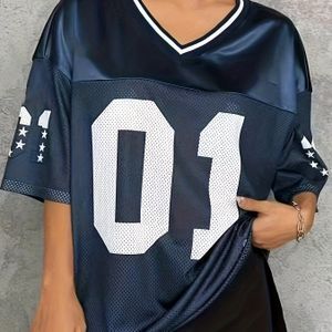 Vrouwen V-hals jersey T-shirt met nummer 01 print - Casual korte mouw losse pasvorm, ademend polyester mengsel, perfect voor lente/zomer/herfst, sportstijl, dames T