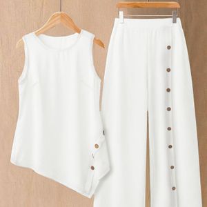 Voorjaars- en Zomerse Casual Elegante Kleur Ronde Hals Mouwloze Top en Broek Set, 2- Outfit voor Uitgaan, Vakantie Reizen, Casual Kleding