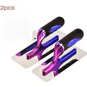 Set van 2 roestvrijstalen spachtels met kleurrijke handvatten in verschillende maten, geschikt voor het aanbrengen van plamuur en muurbehandelingen, evenals voor gebruik met diatomeeënaarde.