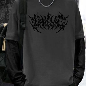 Gothic-Geïnspireerd Donkerpaars Heren T-Shirt met Lange Mouwen en Abstracte Zwarte Print - Casual Losse Pasvorm, 100% Polyester, Machinewasbaar