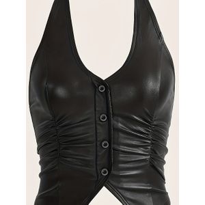 Damesmode Halter Hals Mouwloos Top - Zwart, V-hals, gerimpeld ontwerp met knopen aan de voorkant, Veelzijdige Top | Gerimpeld Top | V-hals Top