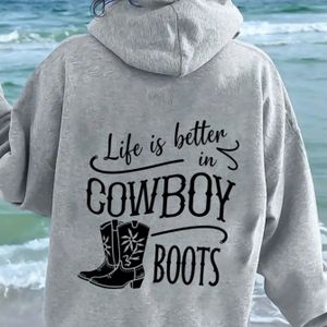Women's Casual Hooded Sweatshirt With Cowboy Boots & " In Cowboy Boots" Print, Gray, Machine Washable Long Sleeve Pullover, , Graphic Hoodie, Soft Fabric
