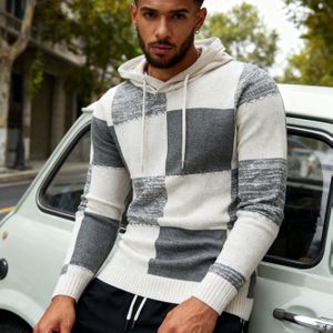 Heren Winter Warme Patchwork Trui - Slim Fit Kleurblok Capuchon Trui met Patchwork Design, Wasmachinebestendige Koude Weer Truien voor Buitensporten & Casual (Herfst/Winter)