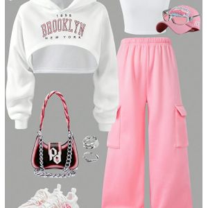 3-delige Meisjes Set: Letterprint Trui, Camisole Top en Tuinbroek voor Herfst/Winter – Ideaal voor Buiten