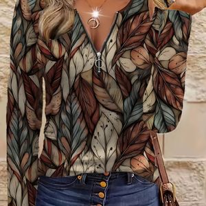 Dames Ronde Hals Rits Lange Mouw Top met Elegante Casual Stijl en Botanische Print Design