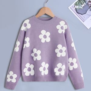 Meisjes Gebreide Bloemenjacquard Casual Trui Met Ronde Hals En Lange Mouwen