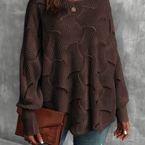 Plus Size - Elegante Fashion Oversized Hollow-Out Trui met Lange Mouwen | Ronde Hals, Medium Stretch Stof, Kleur, Lantaarnmouw, Geschikt voor Lente/Herfst